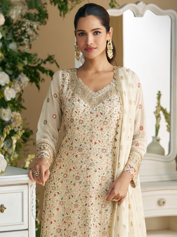 Off White Stone Augmented Salwar Kameez In Georgette