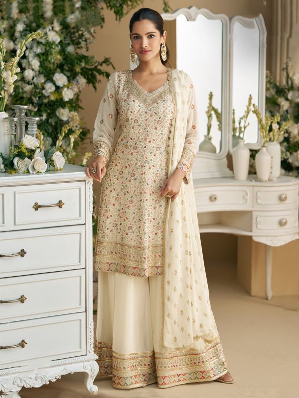 Off White Stone Augmented Salwar Kameez In Georgette