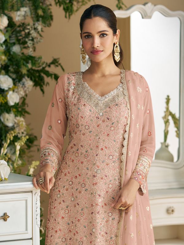 Dusty Peach Embroidered Wedding Palazzo Style Suit