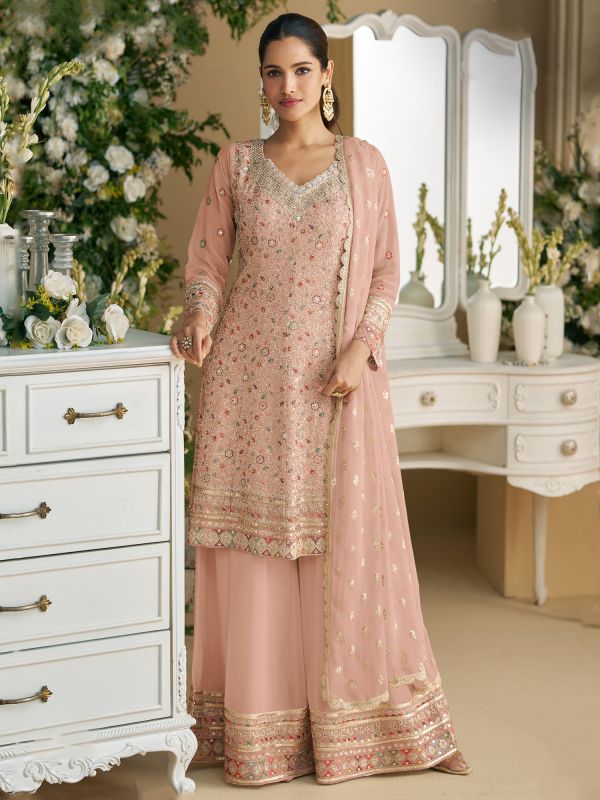 Dusty Peach Embroidered Wedding Palazzo Style Suit