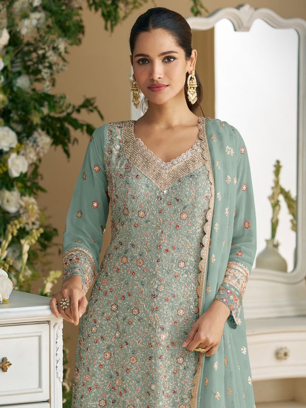 Blue Georgette Palazzo Suit In Floral Thread Work
