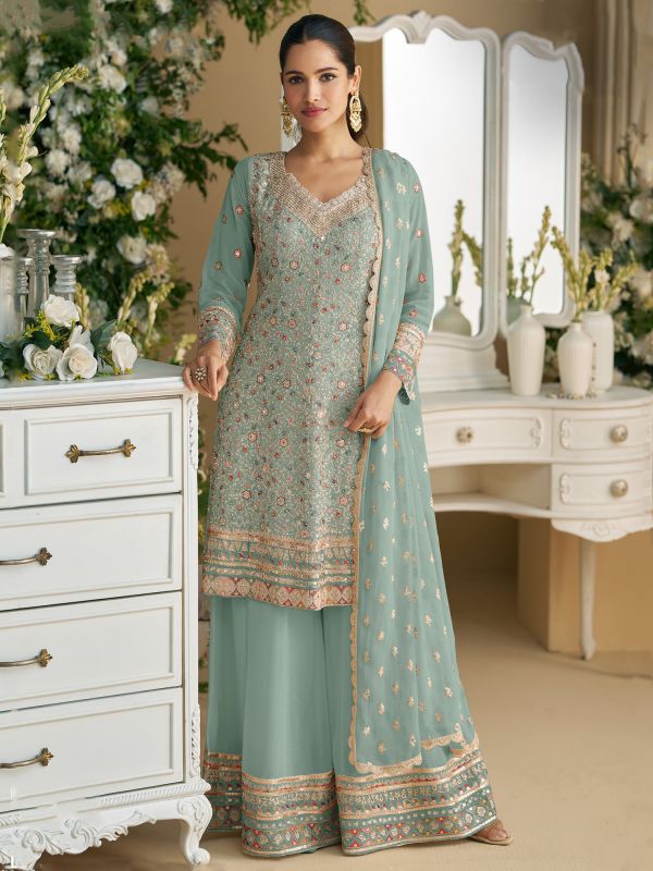 Blue Georgette Palazzo Suit In Floral Thread Work