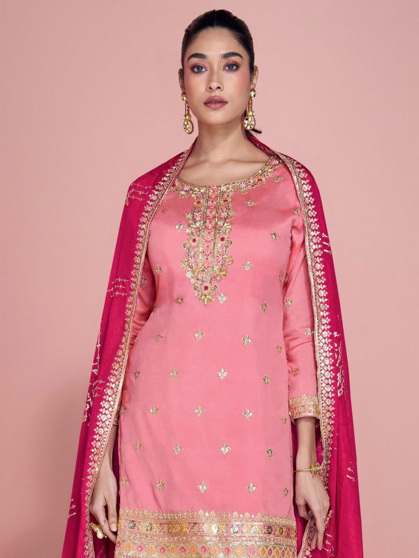 Baby Pink Zari Embellished Palazzo Style Salwar Suit