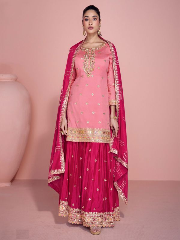 Baby Pink Zari Embellished Palazzo Style Salwar Suit