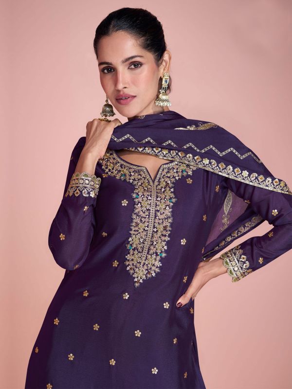 Purple Sequins Augmented Straight Cut Salwar Kameez