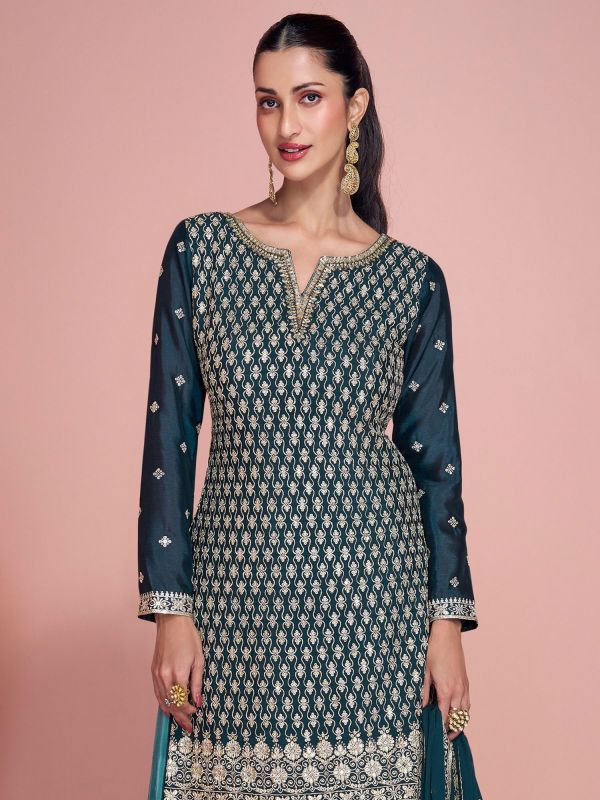 Teal Blue Salwar Suit With Shaded Palazzo In Silk
