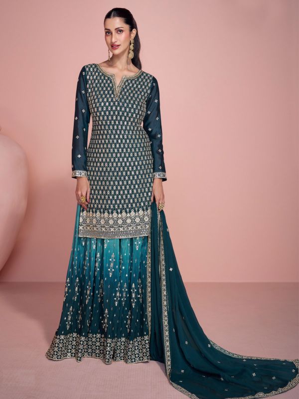 Teal Blue Salwar Suit With Shaded Palazzo In Silk