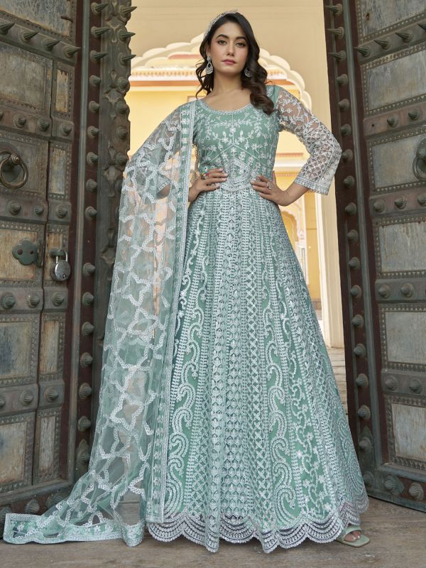 Turquoise Mirror Enhanced Anarkali Style Suit