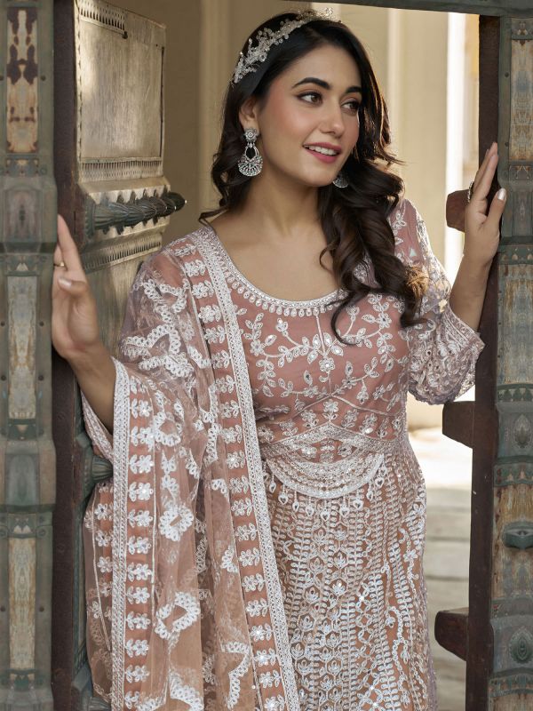 Brown Embroidered Salwar Kameez With Dupatta