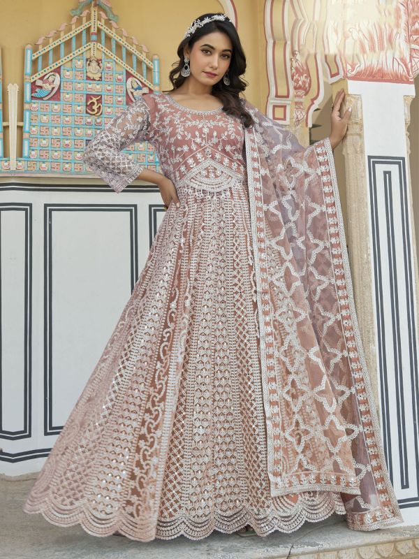 Brown Embroidered Salwar Kameez With Dupatta