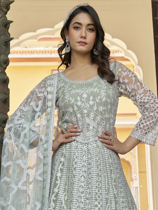 Sage Green Mirror Augmented Salwar Suit In Net
