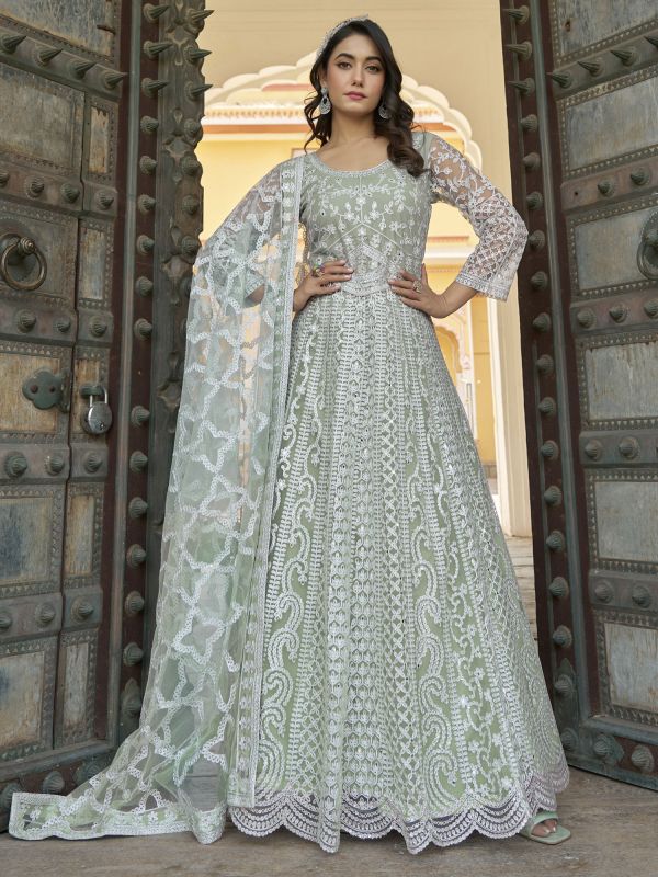 Sage Green Mirror Augmented Salwar Suit In Net