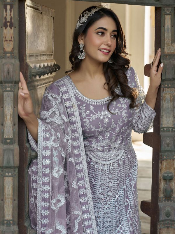 Purple Anarkali Style Suit In Silver Zari Embroidery