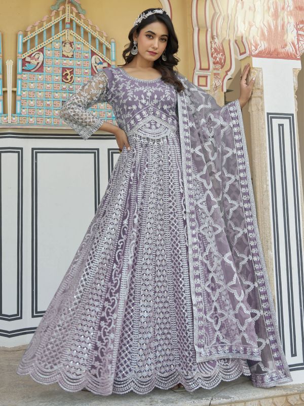 Purple Anarkali Style Suit In Silver Zari Embroidery
