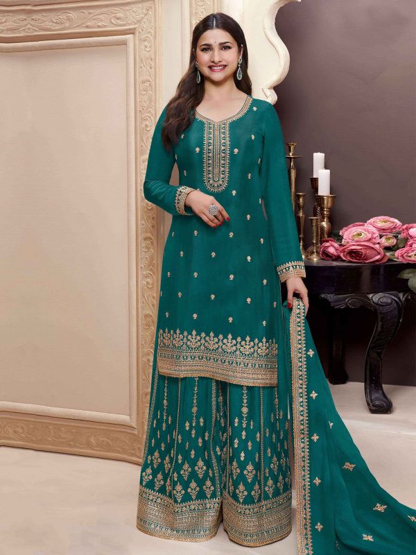 Green Sequins Augmented Festive Salwar Suit In Silk