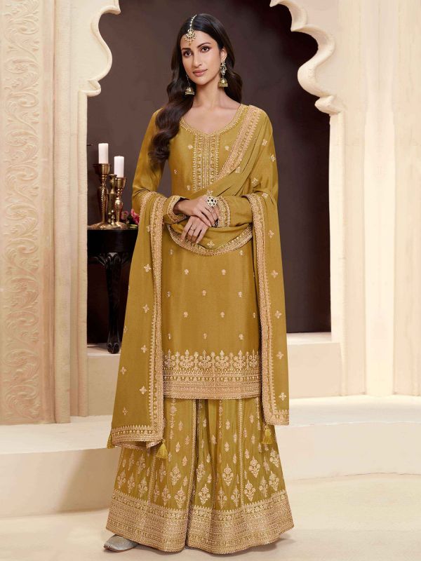 Yellow Palazzo Style Suit With Straight Cut Kameez