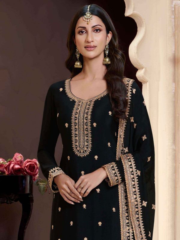 Black Silk Salwar Suit In Zari Work With Dupatta