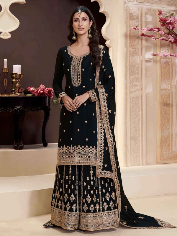 Black Silk Salwar Suit In Zari Work With Dupatta