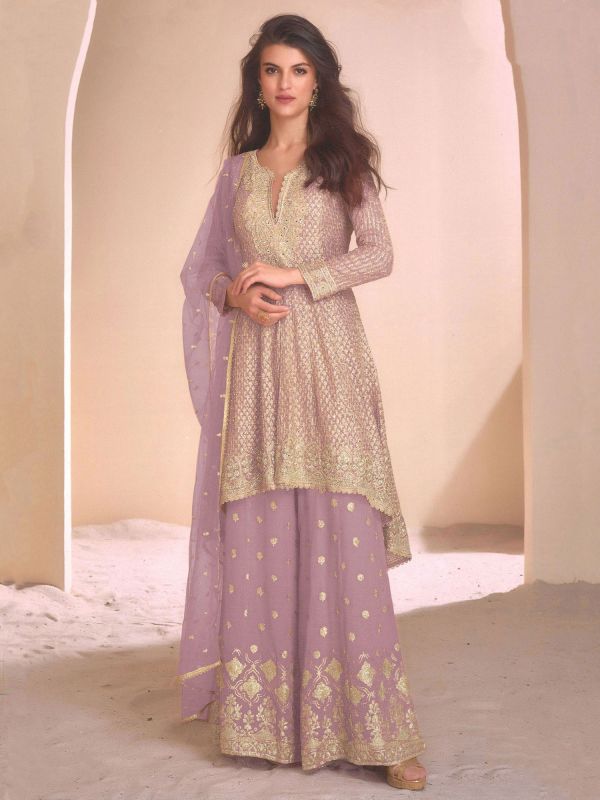 Purple Party Wear Salwar Kameez In Mirror Work