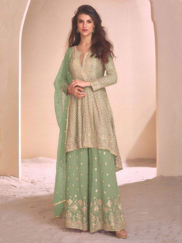 Green Embroidered Sharara Suit With Flare Kameez