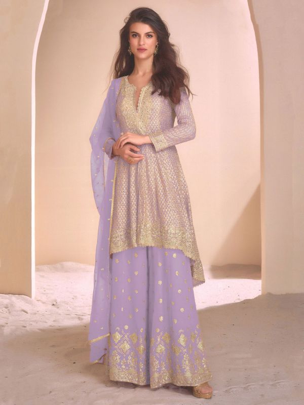 Lilac Full Sleeved Salwar Suit In Sharara Style
