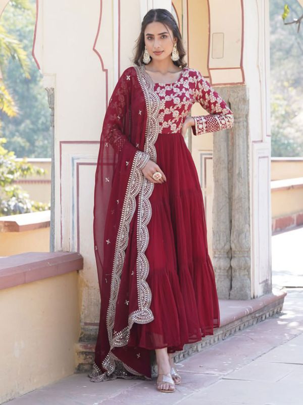 Maroon Sequins Work Salwar Kameez In Ruffle Style