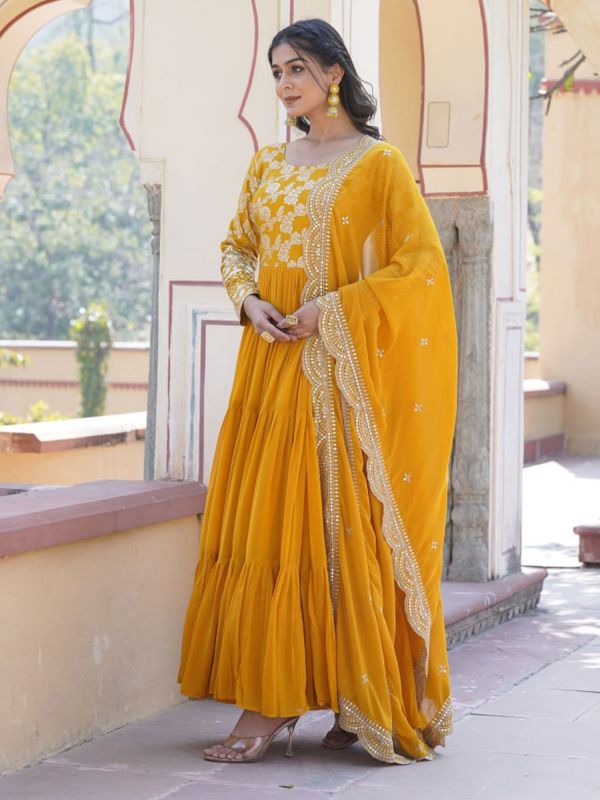Yellow Readymade Anarkali Style Salwar Suit Set