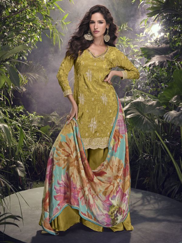 Green Mirror Work Salwar Kameez With Printed Dupatta