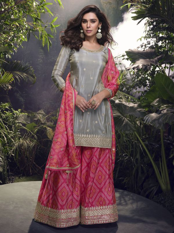 Grey Festive Palazzo Suit With Bandhej Printed Parttern
