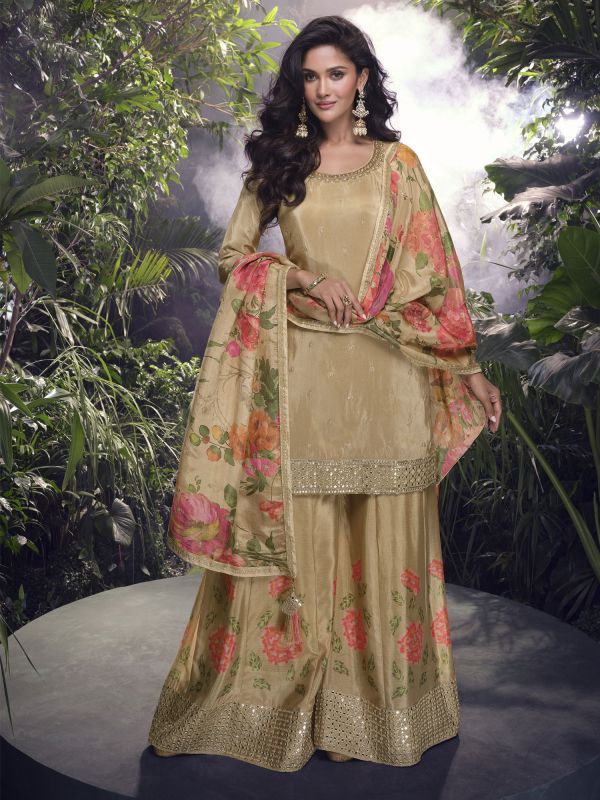 Brown Floral Printed Salwar Kameez In Palazzo Style