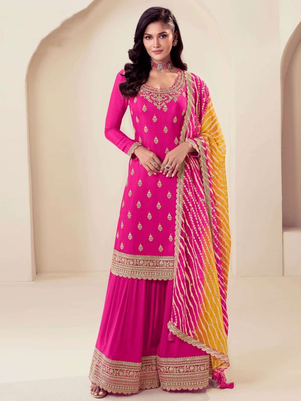 Hot Pink Palazzo Suit With Dupatta In Chiffon