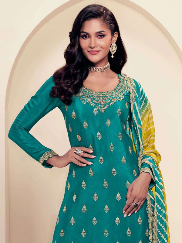 Teal Blue Zari Augmented Salwar Kameez In Silk