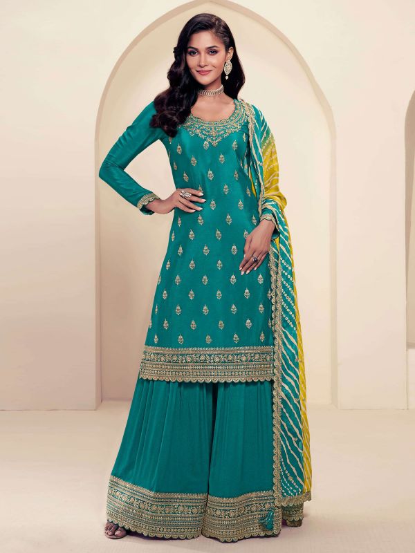 Teal Blue Zari Augmented Salwar Kameez In Silk