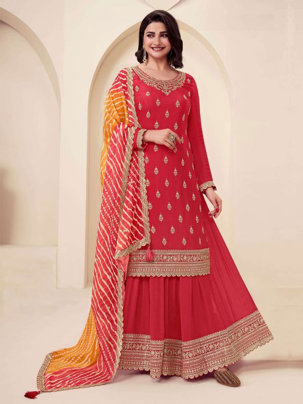 Rose Red Wedding Palazzo Suit Wirh Shaded Dupatta