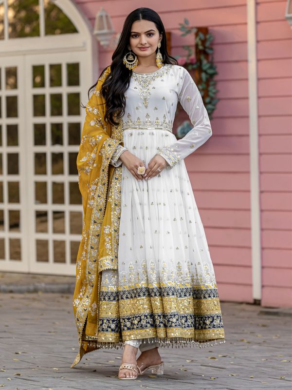 White Anarkali Style Suit With Embroidered Dupatta