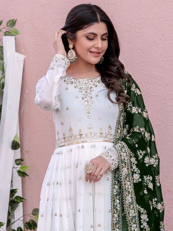White Anarkali Suit With Dupatta In Sequins Embellishment