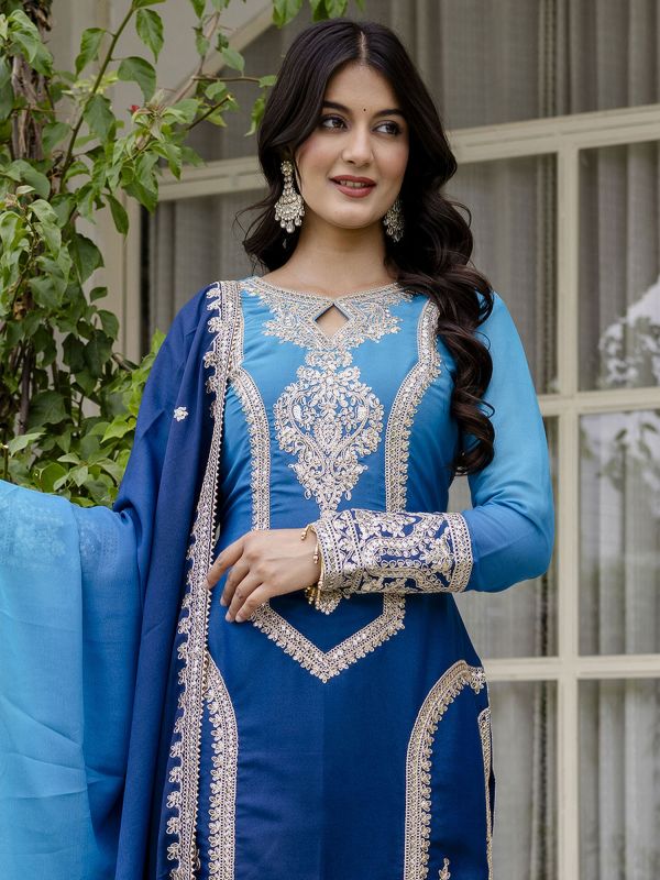 Blue Pakistani Style Suit In Silver Zari Embroidery