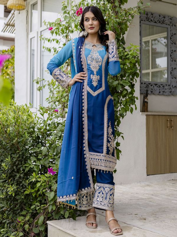 Blue Pakistani Style Suit In Silver Zari Embroidery