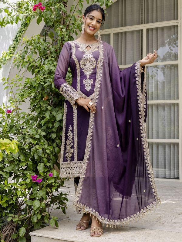 Purple Sequins Work Readymade Pakistani Suit