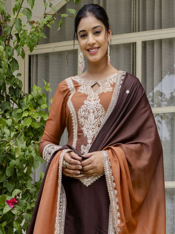 Brown And Orange Shaded Readymade Pant Style Suit