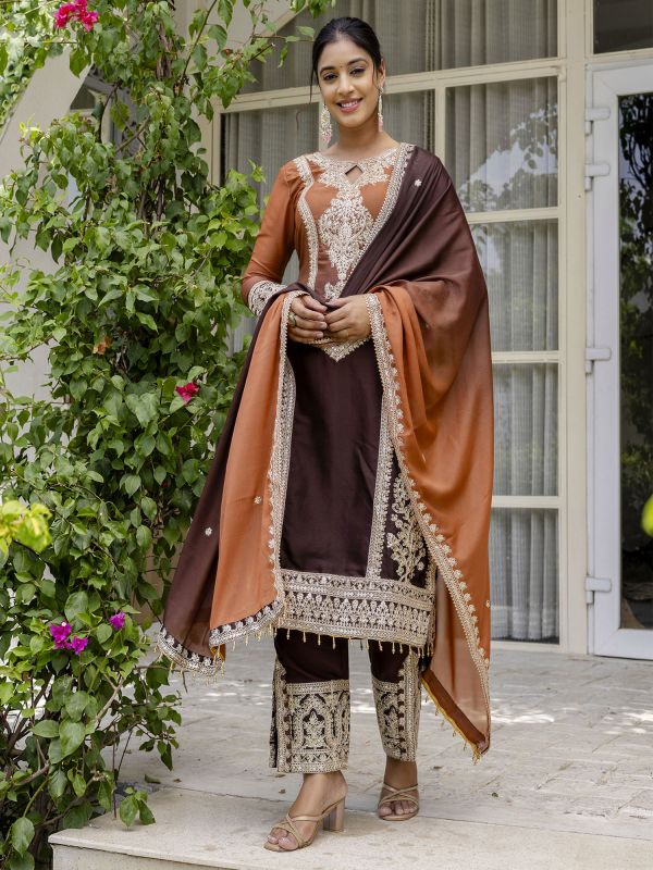 Brown And Orange Shaded Readymade Pant Style Suit