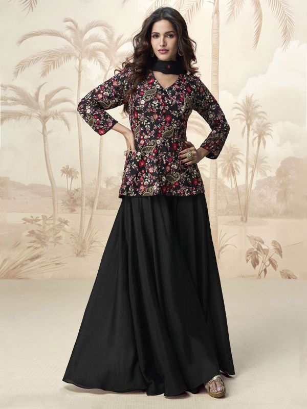 Black Silk Palazzo Style Suit With Flare Kameez