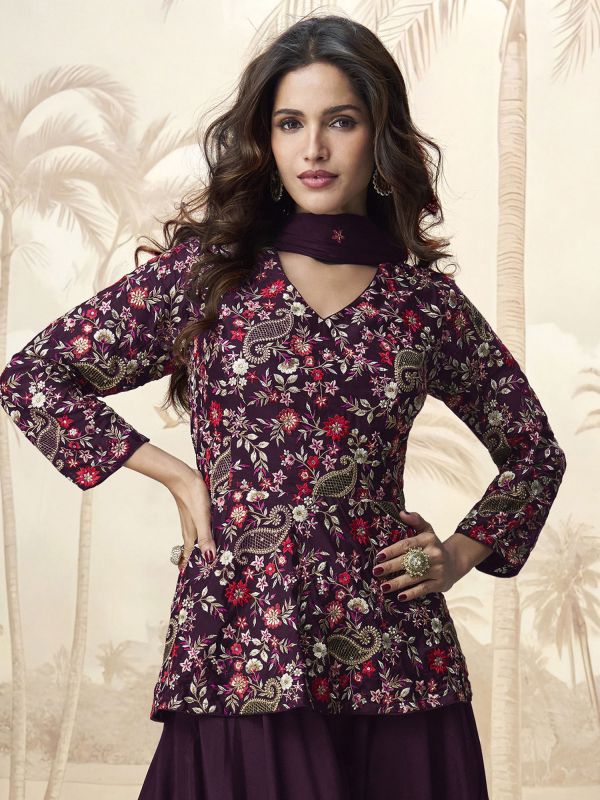 Midnight Purple Floral Thread Embroidered Palazzo Suit