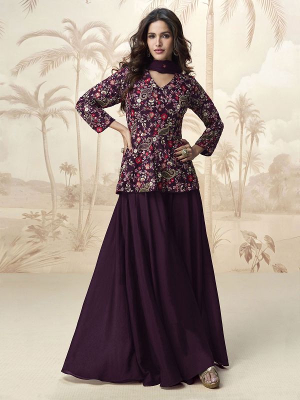 Midnight Purple Floral Thread Embroidered Palazzo Suit
