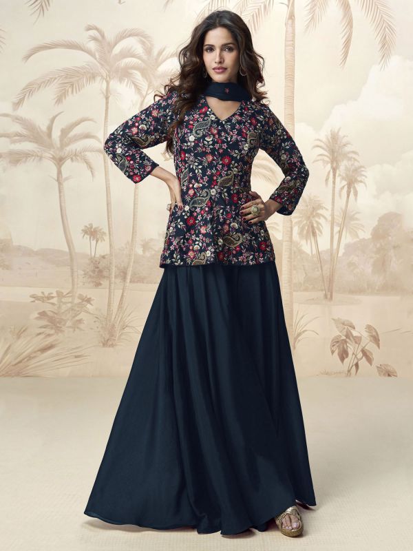 Navy Blue Party Salwar Suit With Flare Style Kameez