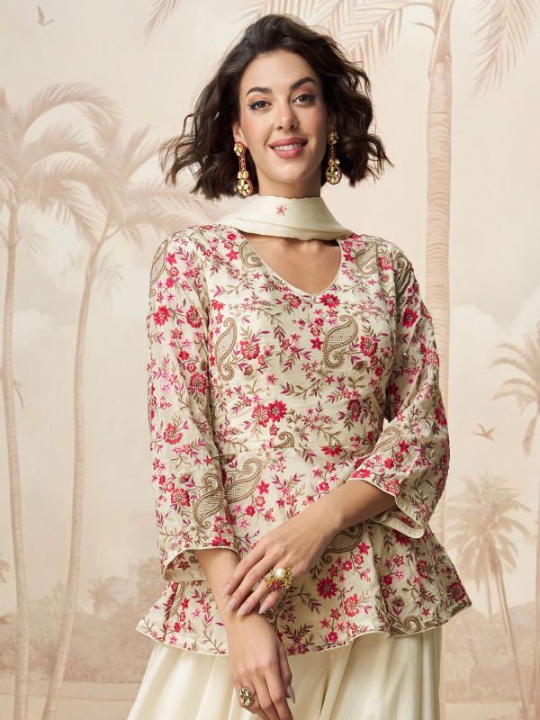 Off White Palazzo Style Suit In Heavy Floral Embroidery