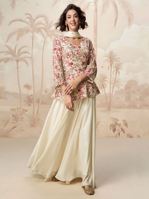 Off White Palazzo Style Suit In Heavy Floral Embroidery