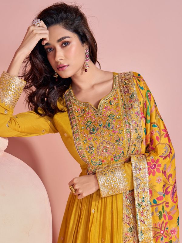 Yellow Full Sleeved Anarkali Suit In Floral Embroidery