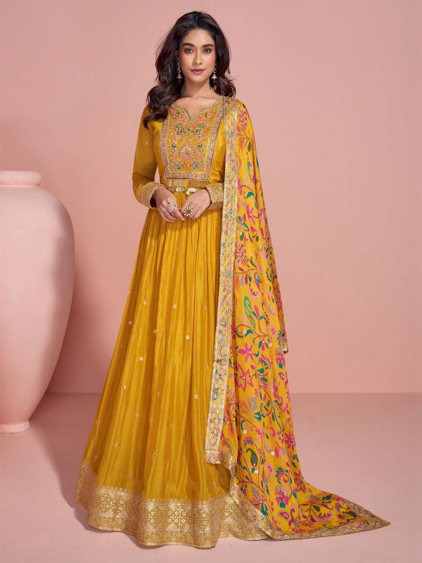 Yellow Full Sleeved Anarkali Suit In Floral Embroidery