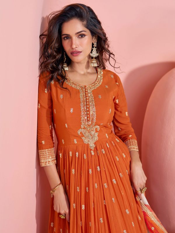 Orange Zari Embellished Salwar Kameez In Silk